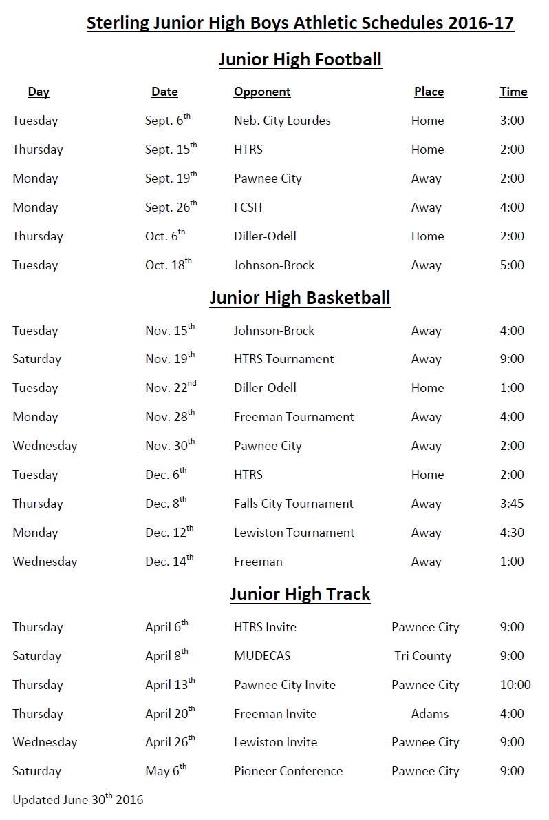 Sterling Public Schools JH Boys Athletic Schedules 201617